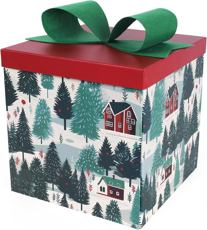 LaRibbons Large Christmas Gift Boxes with Lids,10x10x10 Inches Christmas Tree Design Folding Square Gift Boxes for Holiday Decorative,Xmas,Present,Storage,Green - Image 1